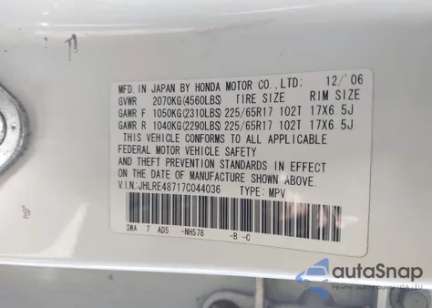 2007 Honda Cr-V Ex-L from USA, damaged, VIN JHLRE48717C044036